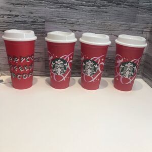 STARBUCKS 2013 Coffee 16oz Tumbler Cup Mug Red Plastic Reusable Cup set of 4